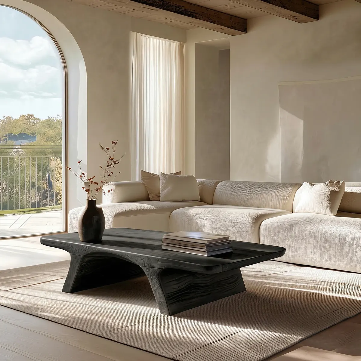 Low Profile Natural Solid Wood Coffee Table with Sculptural Base - Rustirawood