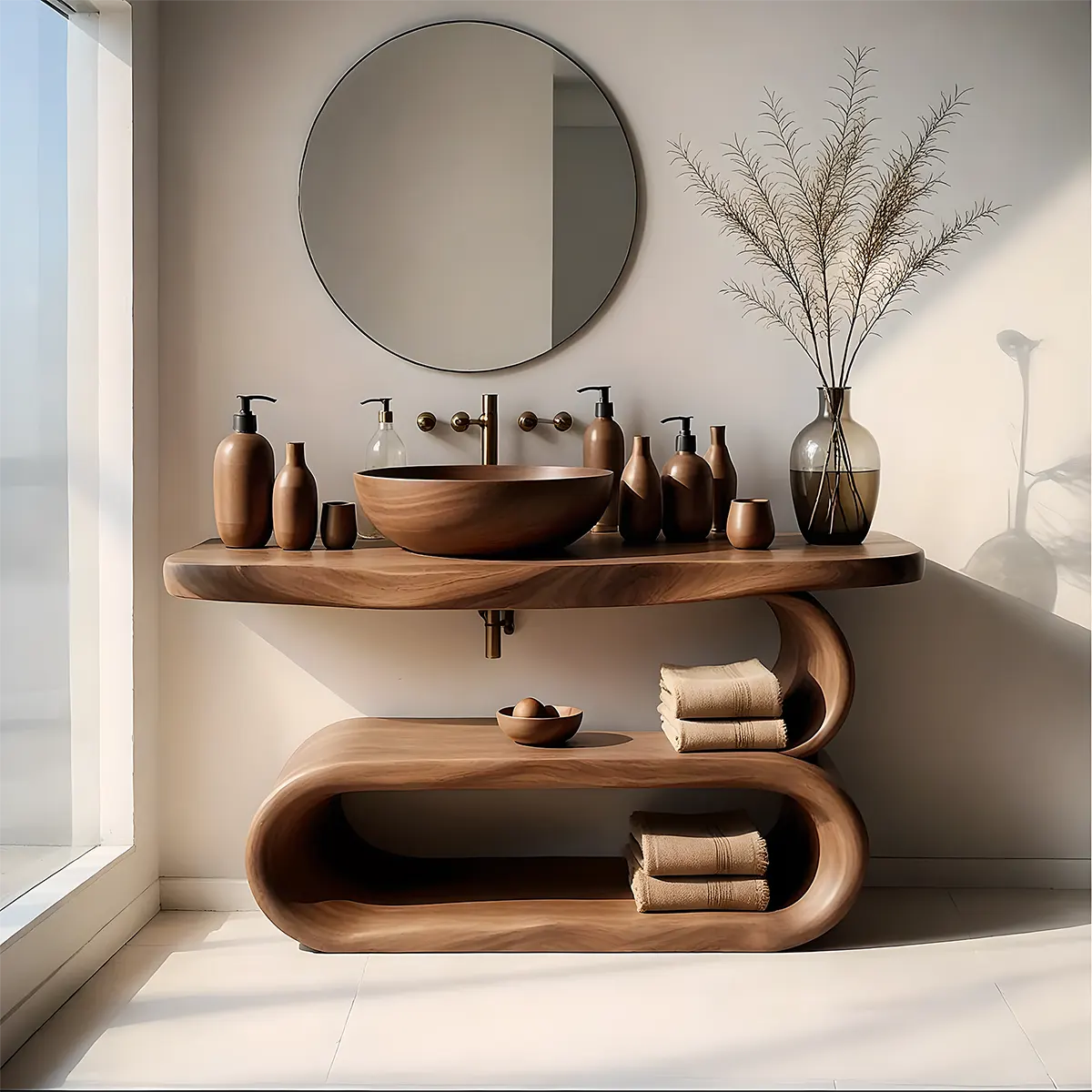 WaveArc Vanity – Solid Wood Bathroom with Zen Curves - Rustirawood