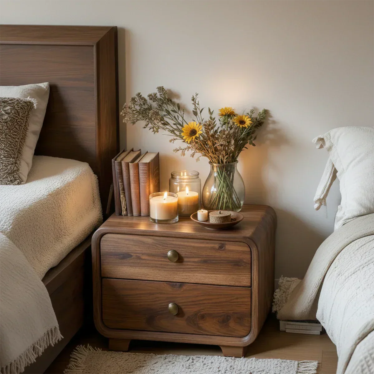 Curved Solid Wood Nightstand with Two Drawers - Rustirawood