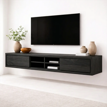 Floating Solid Wood TV Stand with Open Shelving Minimalist Media Console - Rustirawood