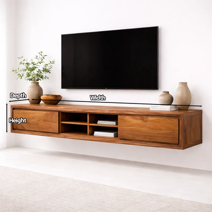 Floating Solid Wood TV Stand with Open Shelving Minimalist Media Console - Rustirawood