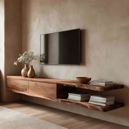 Handcrafted Floating Solid Wood TV Stand with Live Edge Shelves and Layered Storage - Rustirawood