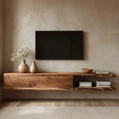 Handcrafted Floating Solid Wood TV Stand with Live Edge Shelves and Layered Storage - Rustirawood