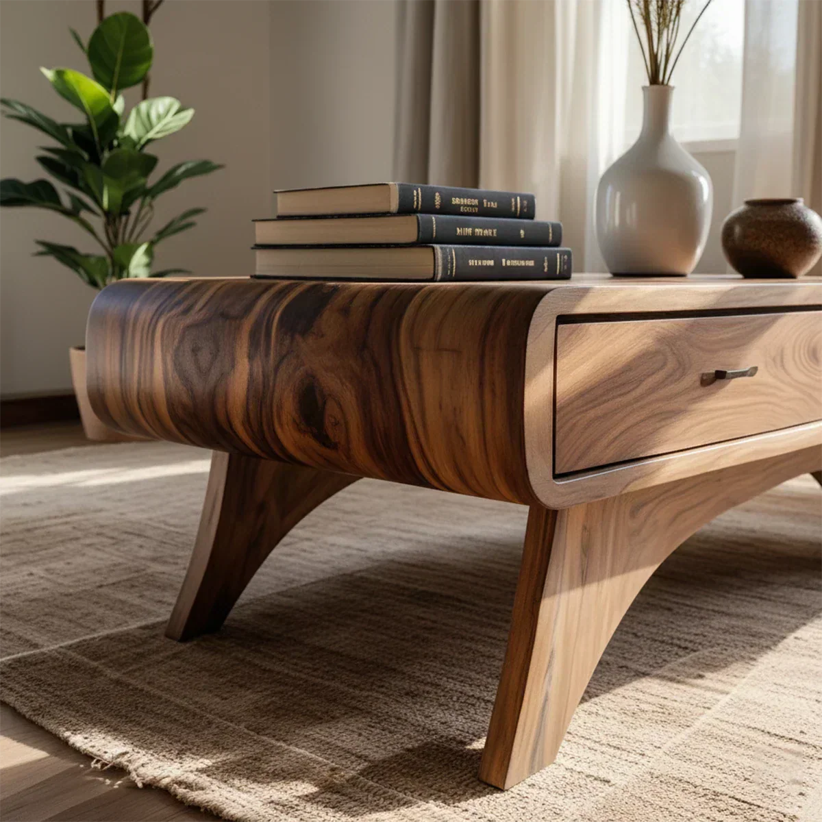 Handcrafted Mid-Century Natural Solid Wood Coffee Table with Storage - Rustirawood