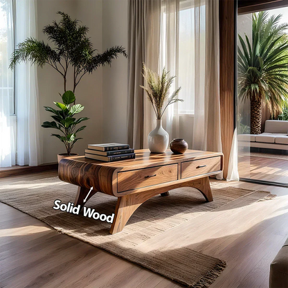Handcrafted Mid-Century Natural Solid Wood Coffee Table with Storage - Rustirawood