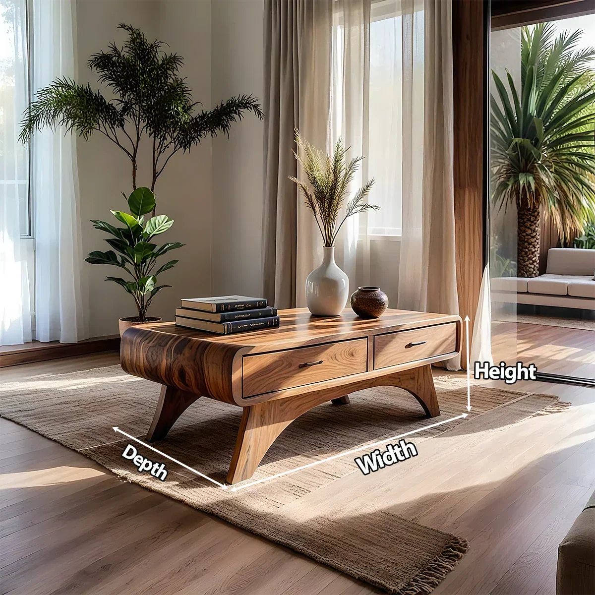 Handcrafted Mid-Century Natural Solid Wood Coffee Table with Storage - Rustirawood