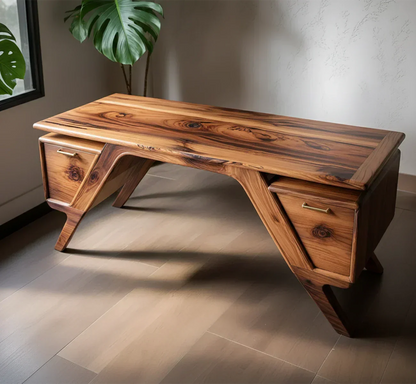 Handcrafted Natural Solid Wood Desk — Modern Angular Design - Rustirawood