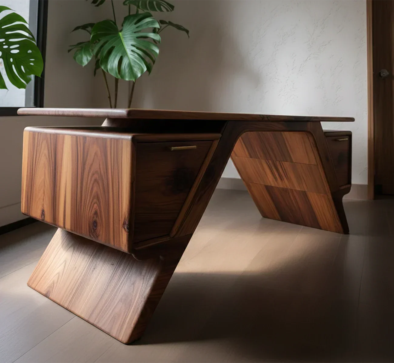 Handcrafted Natural Solid Wood Desk — Modern Angular Design - Rustirawood