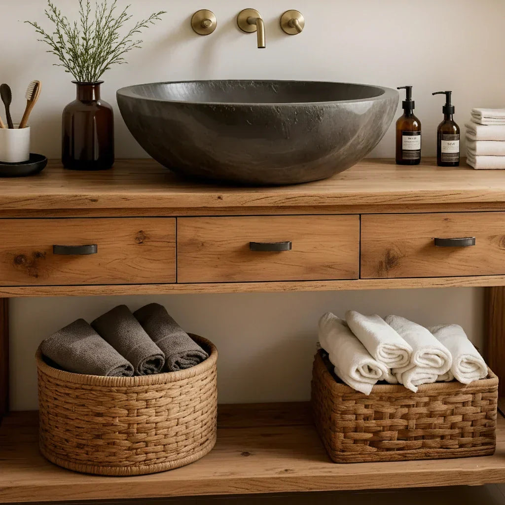 Handcrafted Natural Solid Wood Open-Shelf Bathroom Vanity - Rustirawood
