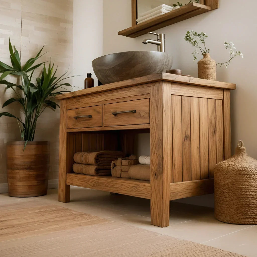 Handcrafted Natural Wood Bathroom Vanity with Drawers & Open Shelf - Rustirawood