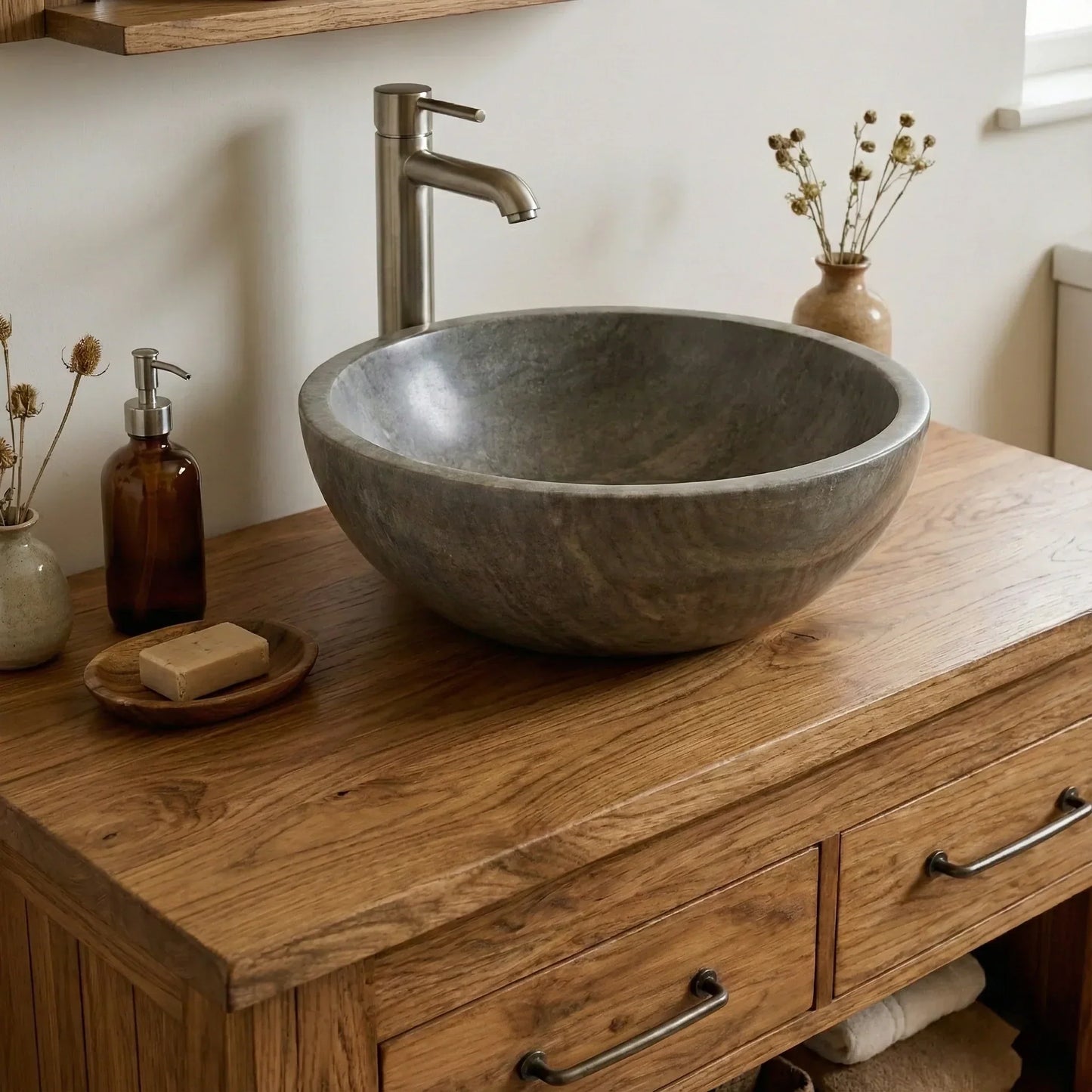 Handcrafted Natural Wood Bathroom Vanity with Drawers & Open Shelf - Rustirawood
