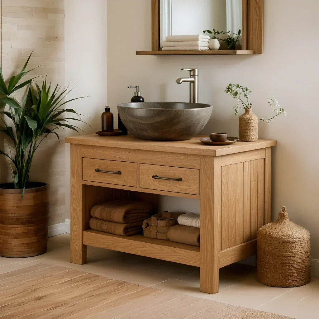 Handcrafted Natural Wood Bathroom Vanity with Drawers & Open Shelf - Rustirawood