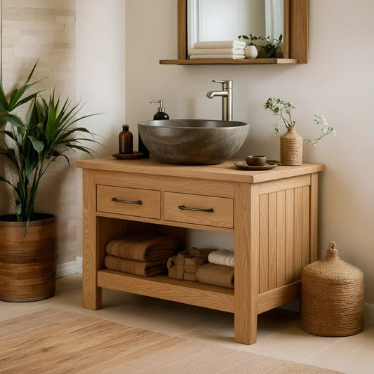 Handcrafted Natural Wood Bathroom Vanity with Drawers & Open Shelf - Rustirawood
