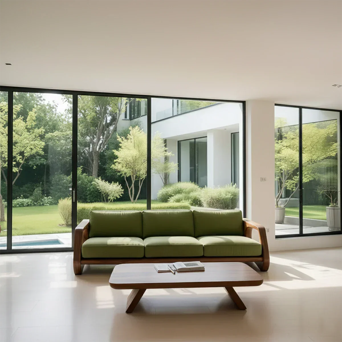 Handcrafted Solid Wood Cotton Sofa – Rustic Green Modern Design - Rustirawood