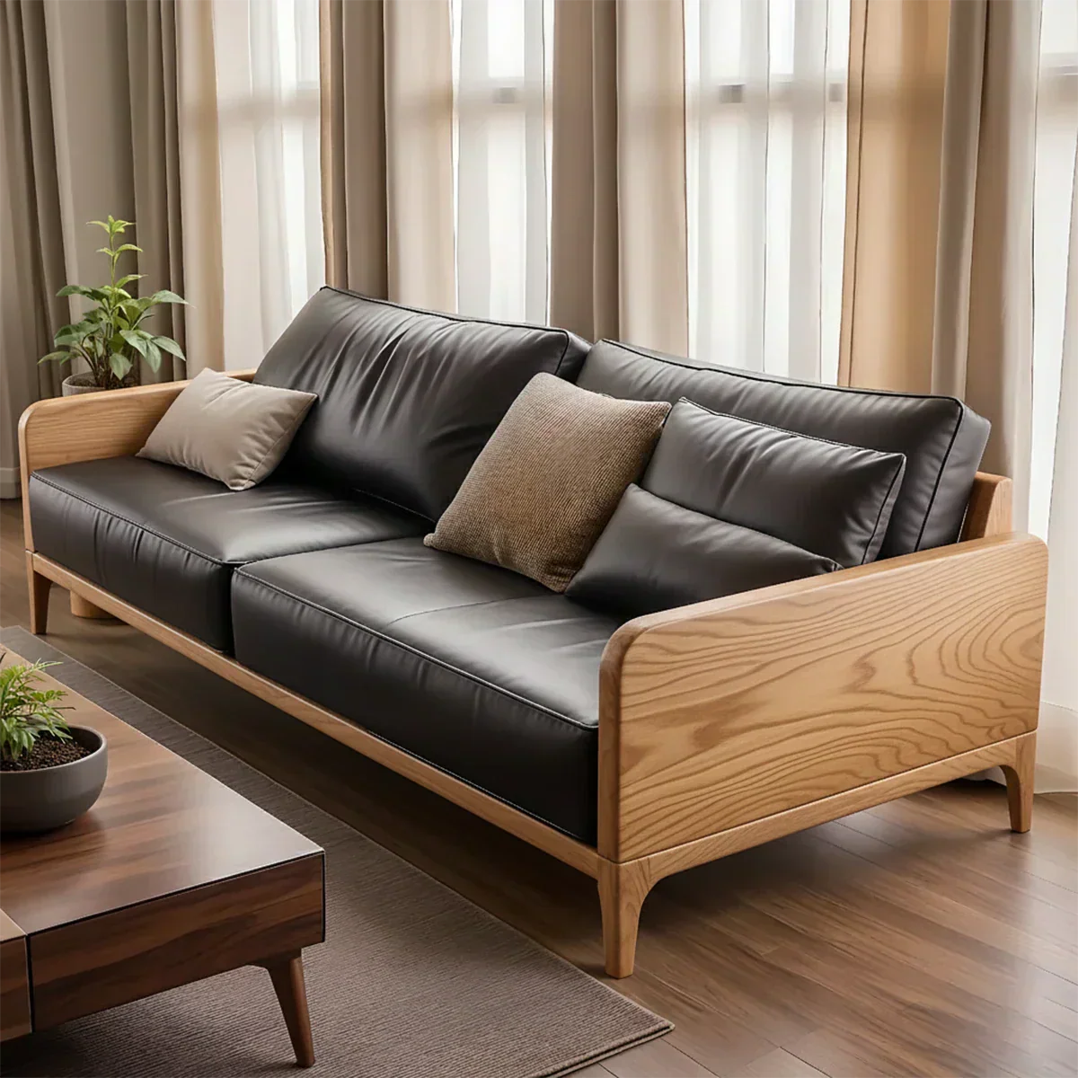 Handcrafted Solid Wood Leather Sofa – Premium Modern Design - Rustirawood