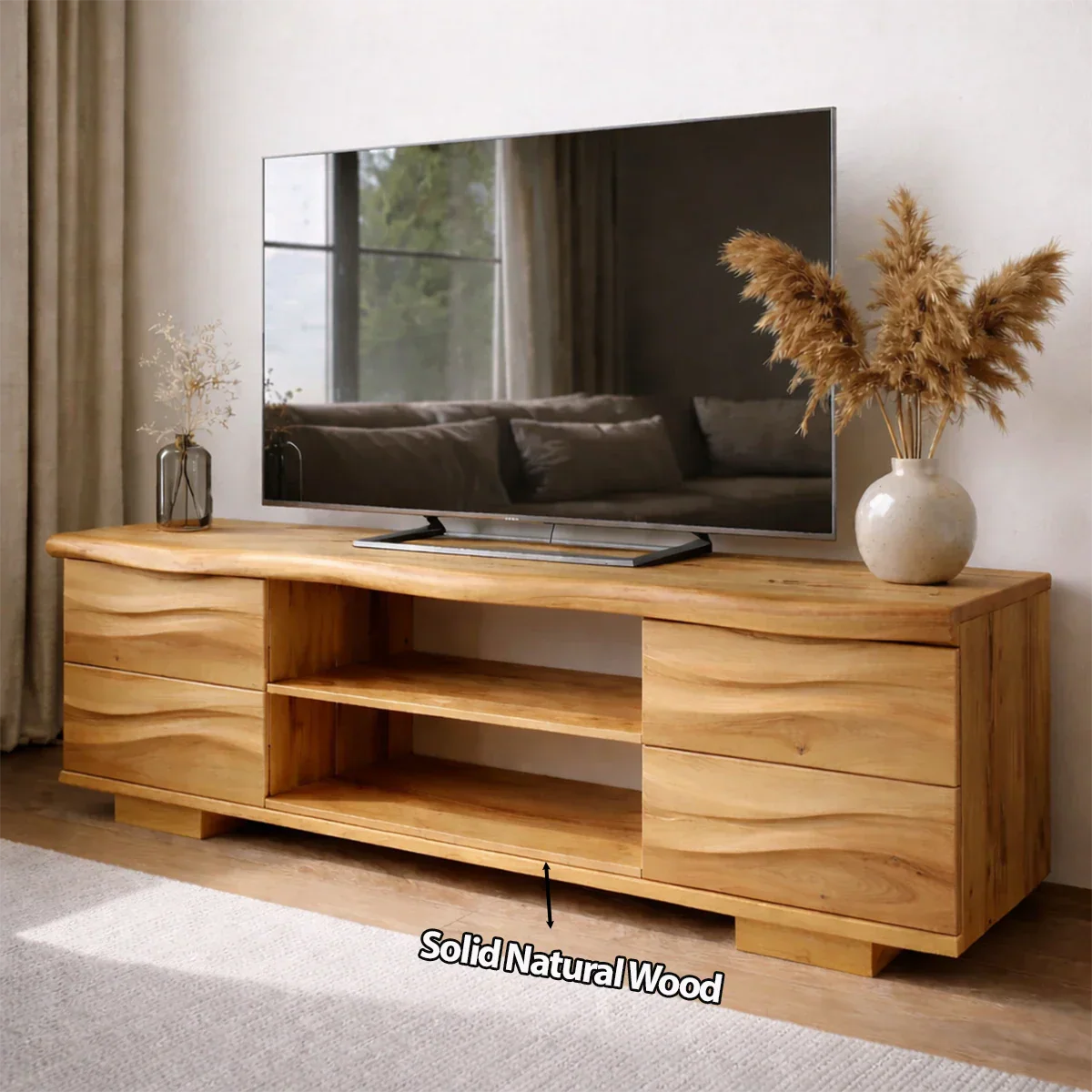 Handcrafted Solid Wood TV Stand with Double Drawer Storage and Open Center Shelves - Rustirawood