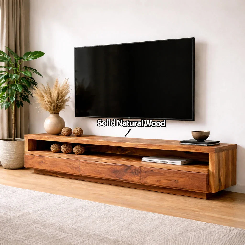 Handcrafted Solid Wood TV Stand with Full-Length Open Shelf and Hidden Drawer Storage - Rustirawood