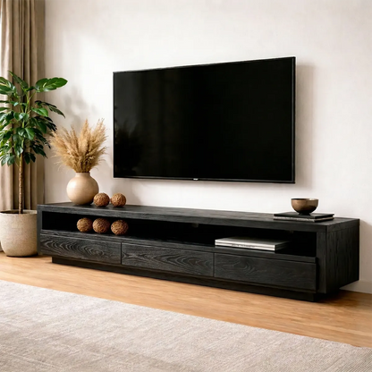 Handcrafted Solid Wood TV Stand with Full-Length Open Shelf and Hidden Drawer Storage - Rustirawood
