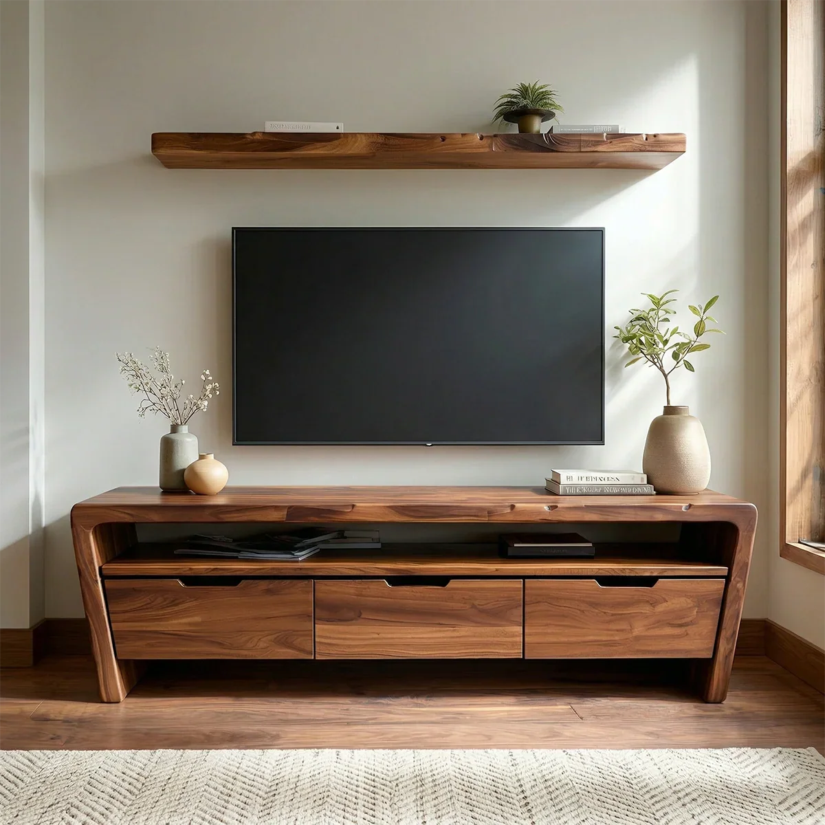 Handcrafted Solid Wood TV Stand with Rounded Frame and Hidden Drawer Storage - Rustirawood