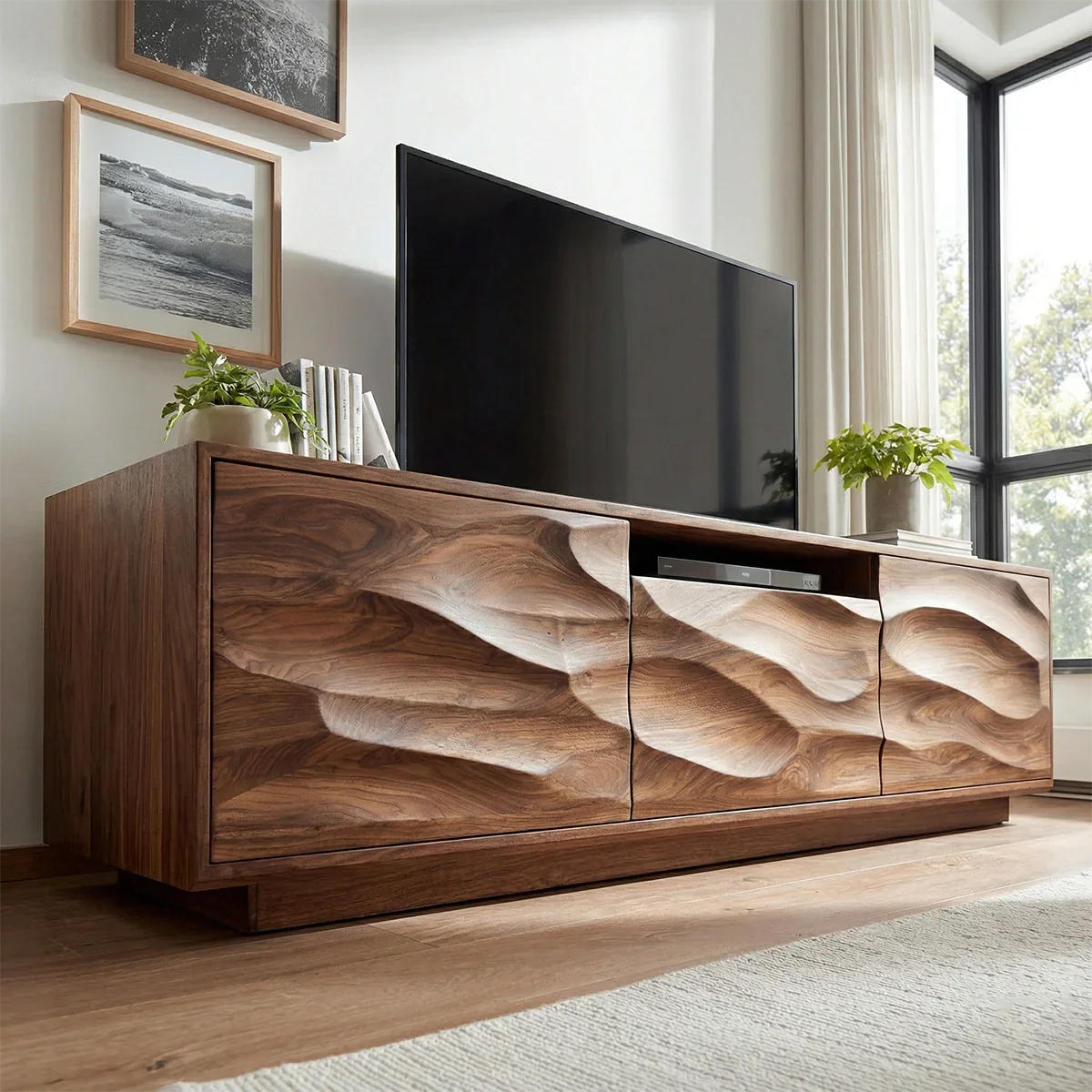 Handcrafted Solid Wood TV Stand with Sculpted Wave Cabinets and Center Media Storage - Rustirawood