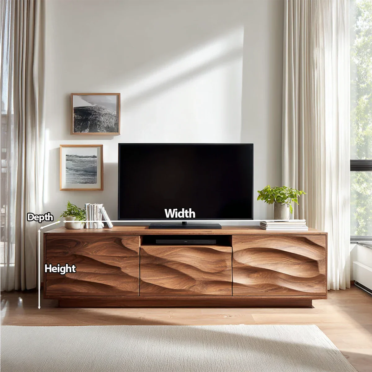 Handcrafted Solid Wood TV Stand with Sculpted Wave Cabinets and Center Media Storage - Rustirawood