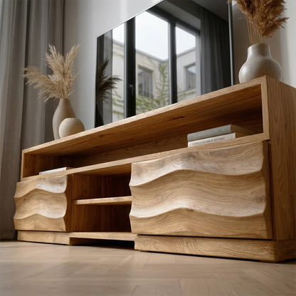 Handcrafted Solid Wood TV Stand with Sculpted Wave Cabinets and Layered Open Shelving - Rustirawood