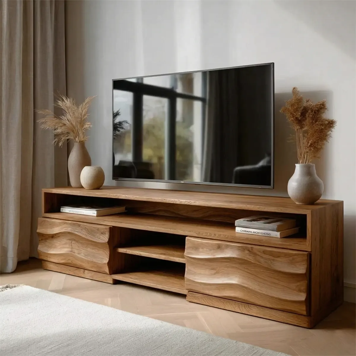 Handcrafted Solid Wood TV Stand with Sculpted Wave Cabinets and Layered Open Shelving - Rustirawood