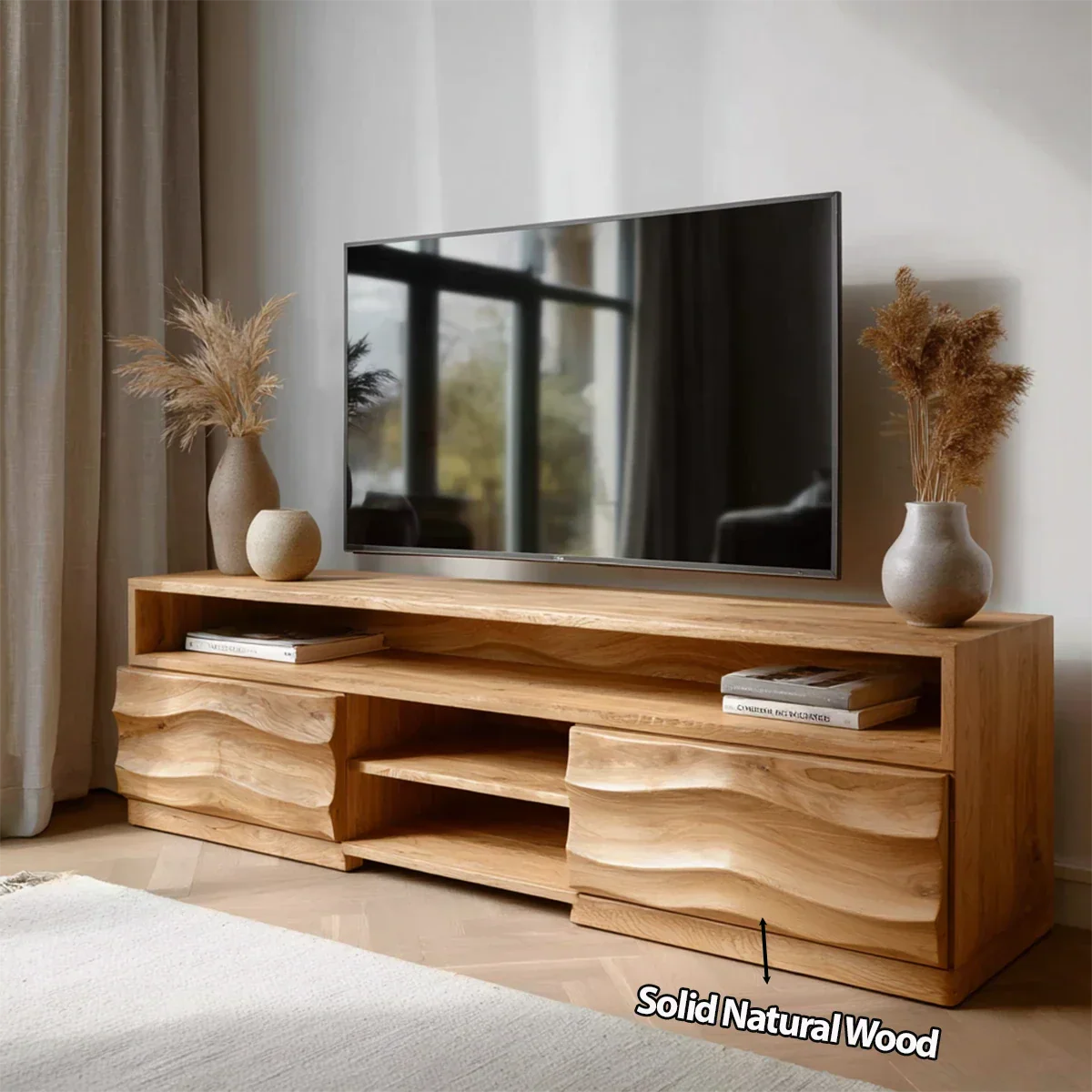Handcrafted Solid Wood TV Stand with Sculpted Wave Cabinets and Layered Open Shelving - Rustirawood
