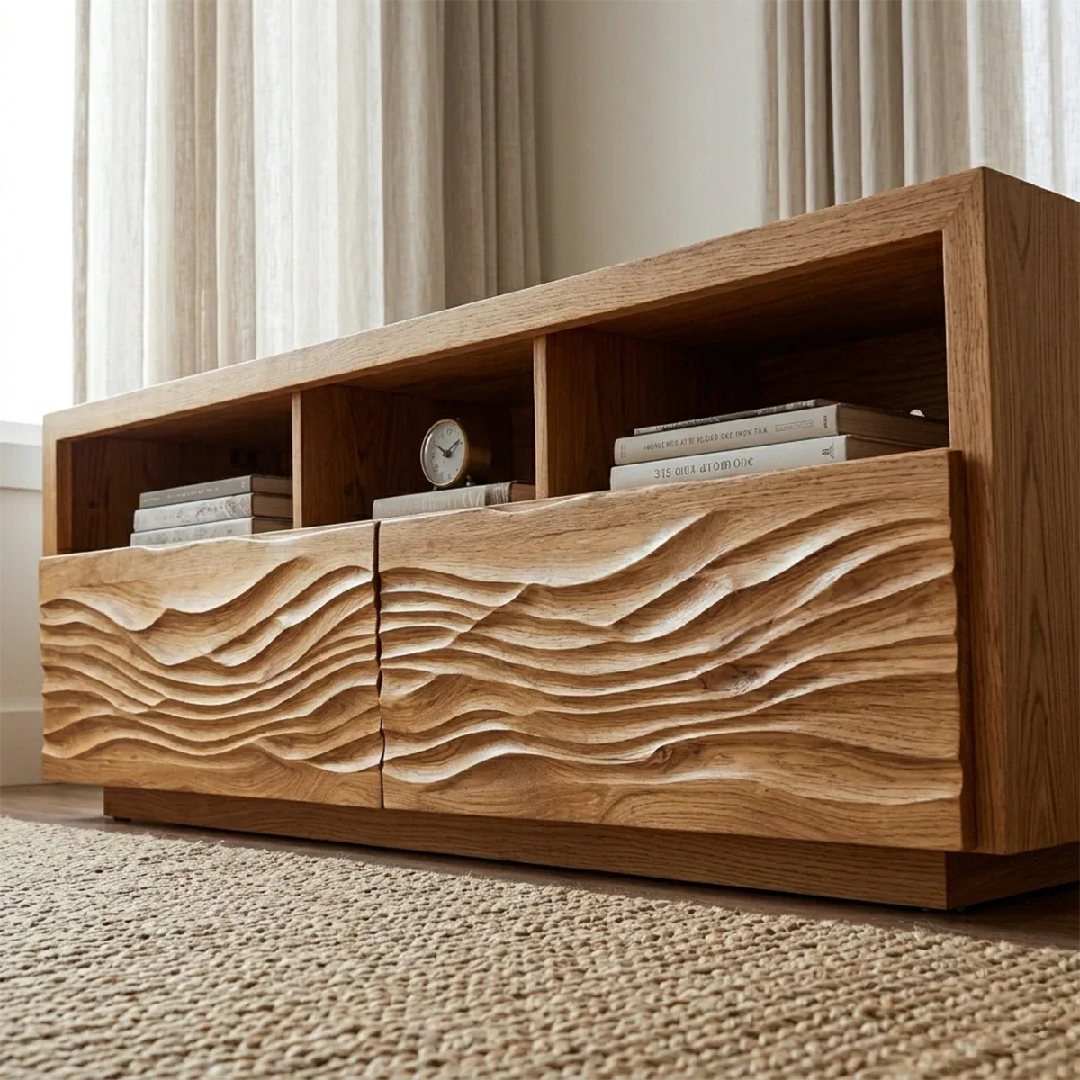 Handcrafted Solid Wood TV Stand with Sculpted Wave Doors and Open Media Compartments - Rustirawood