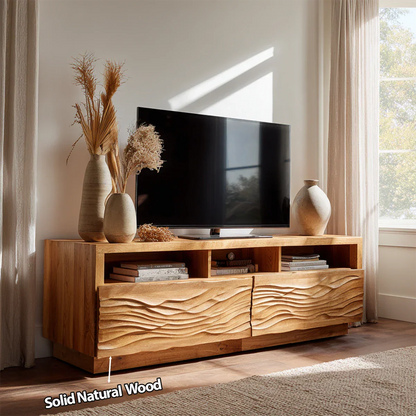 Handcrafted Solid Wood TV Stand with Sculpted Wave Doors and Open Media Compartments - Rustirawood