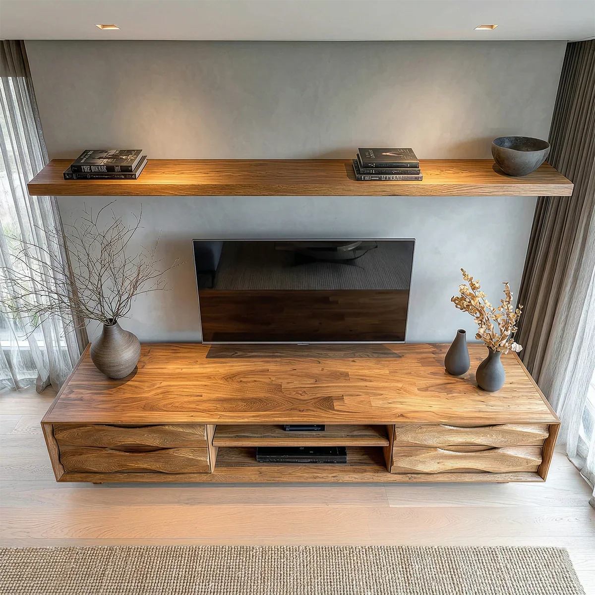 Handcrafted Solid Wood TV Stand with Sculpted Wave Drawers and Center Media Storage - Rustirawood