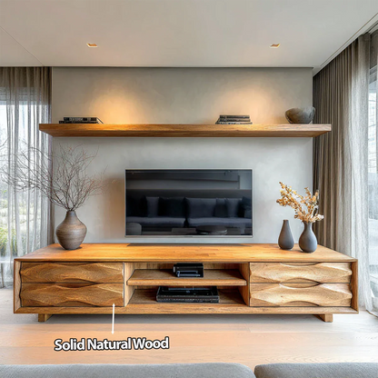 Handcrafted Solid Wood TV Stand with Sculpted Wave Drawers and Center Media Storage - Rustirawood