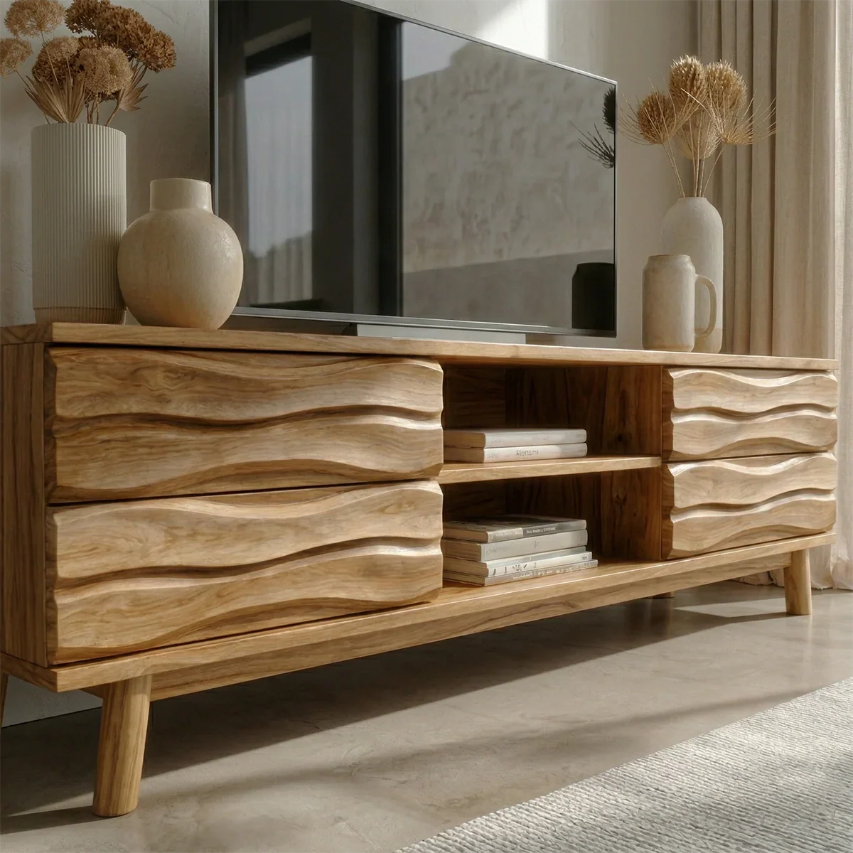 Handcrafted Solid Wood TV Stand with Sculpted Wave Drawers and Center Open Shelving - Rustirawood