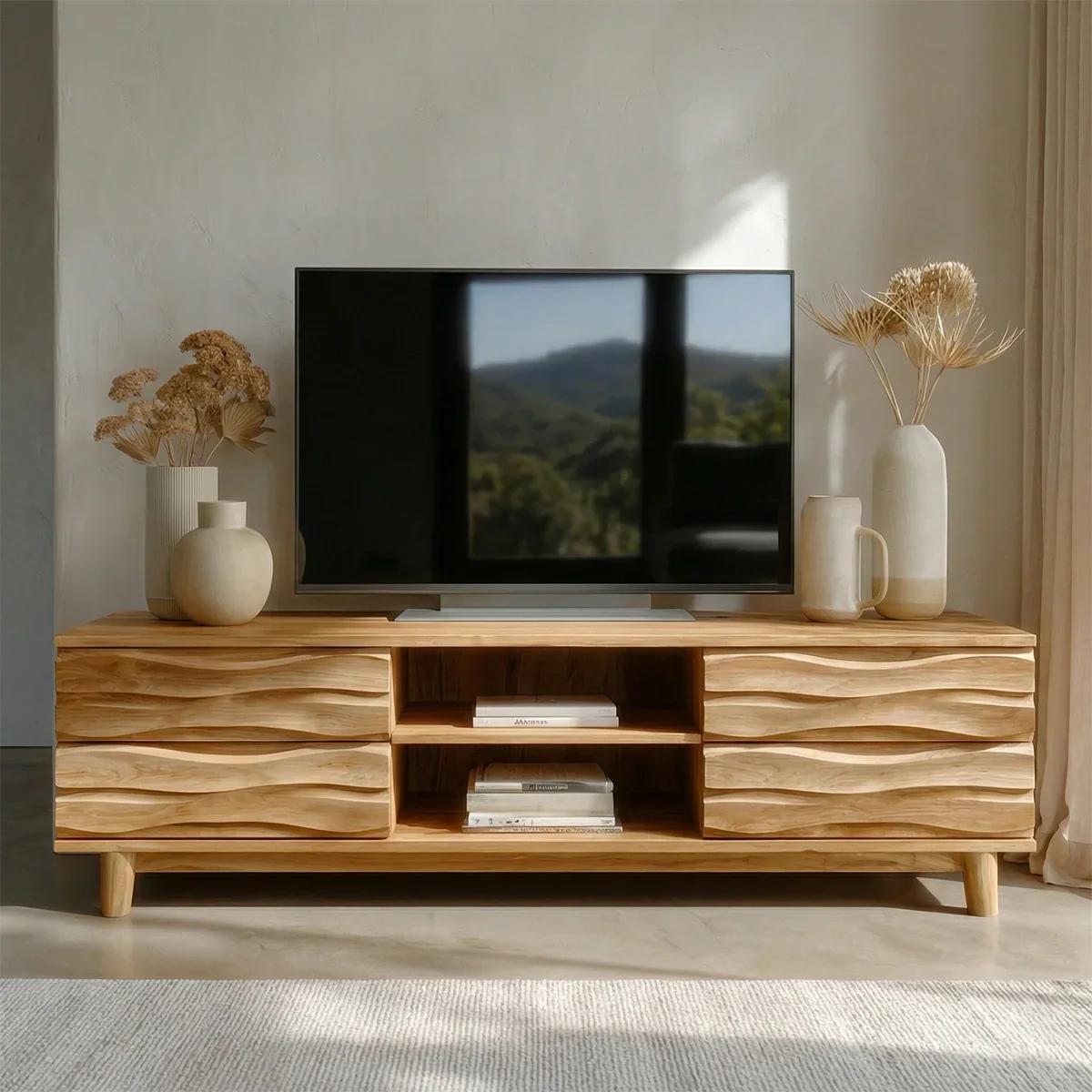 Handcrafted Solid Wood TV Stand with Sculpted Wave Drawers and Center Open Shelving - Rustirawood