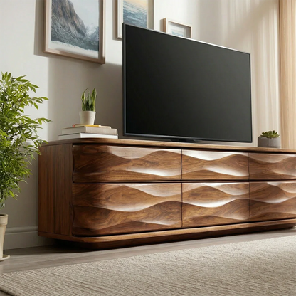 Handcrafted Solid Wood TV Stand with Sculpted Wave Drawers and Full Storage Cabinet - Rustirawood