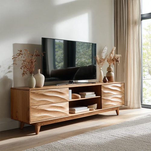 Handcrafted Solid Wood TV Stand with Sculpted Wave Drawers and Mid Century Frame - Rustirawood