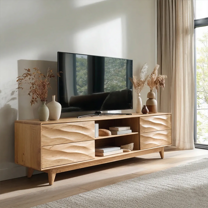 Handcrafted Solid Wood TV Stand with Sculpted Wave Drawers and Mid Century Frame - Rustirawood