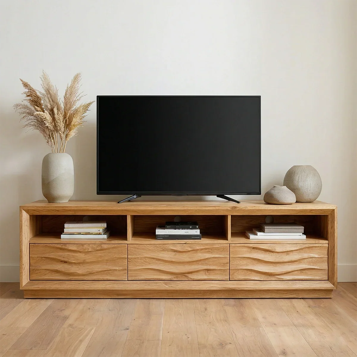 Handcrafted Solid Wood TV Stand with Sculpted Wave Drawers and Multi Open Media Compartments - Rustirawood