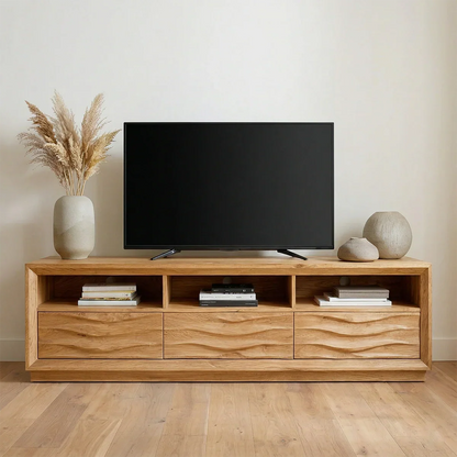 Handcrafted Solid Wood TV Stand with Sculpted Wave Drawers and Multi Open Media Compartments - Rustirawood