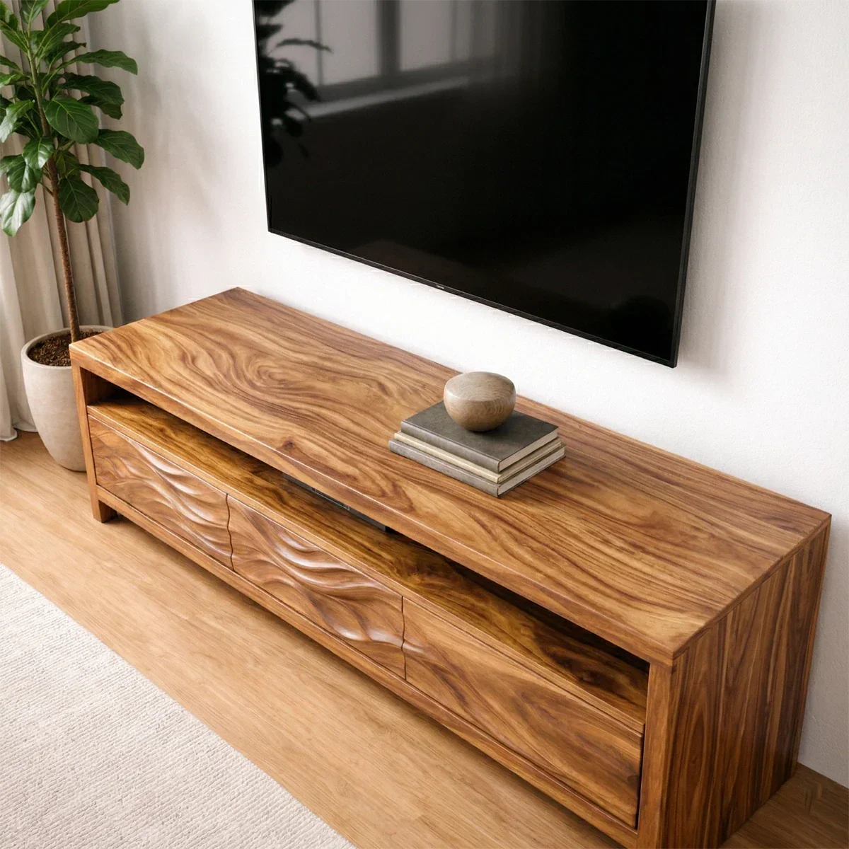 Handcrafted Solid Wood TV Stand with Sculpted Wave Drawers and Open Media Shelf - Rustirawood