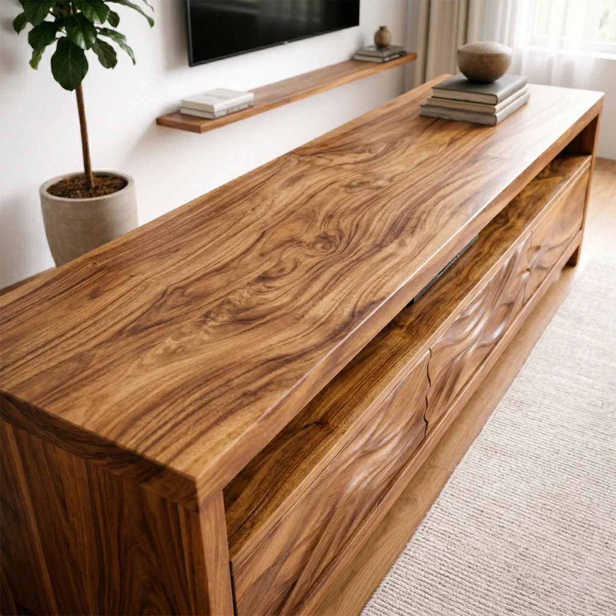 Handcrafted Solid Wood TV Stand with Sculpted Wave Drawers and Open Media Shelf - Rustirawood