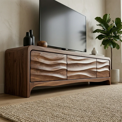 Handcrafted Solid Wood TV Stand with Sculpted Wave Panels and Rounded Frame Design - Rustirawood