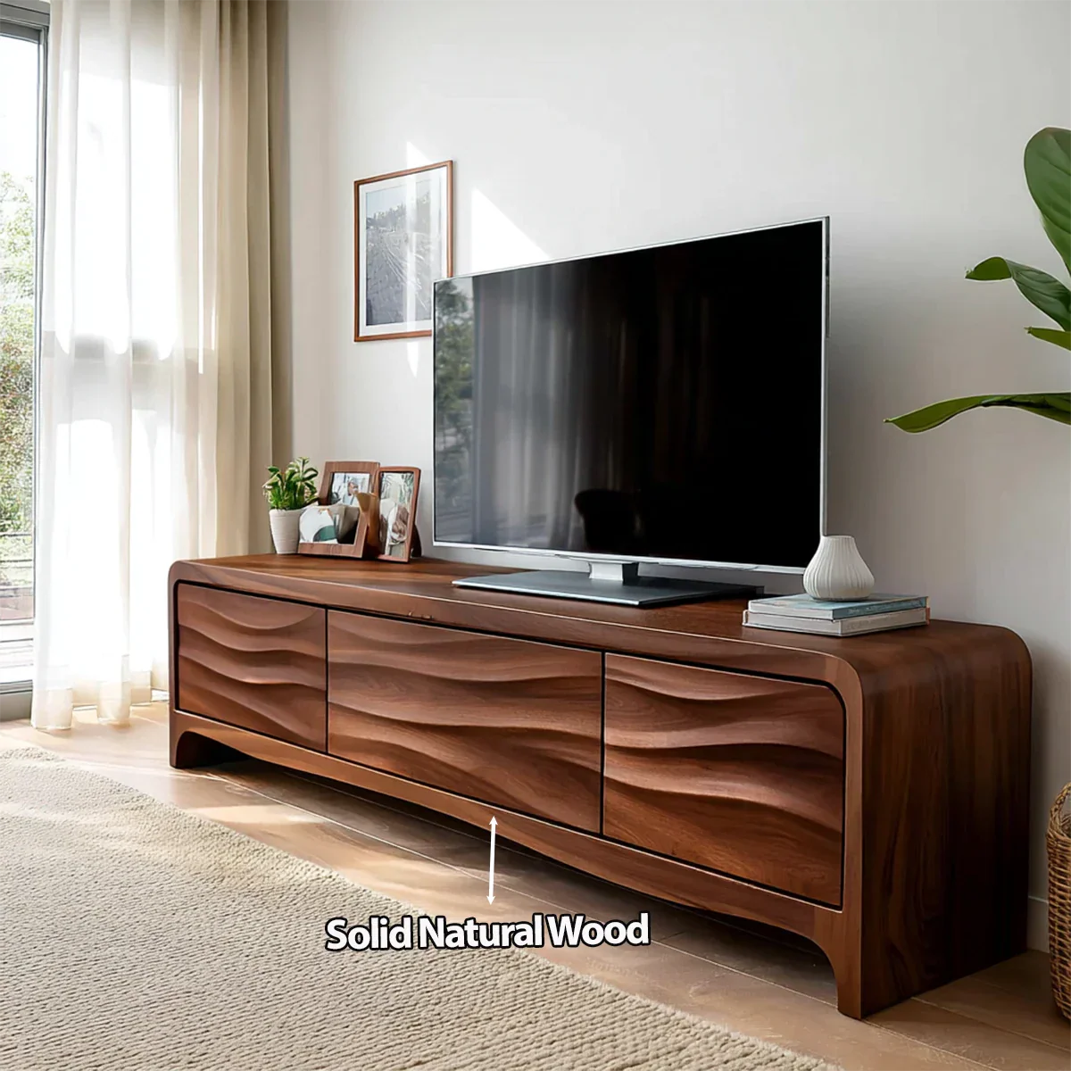 Handcrafted Solid Wood TV Stand with Sculpted Wave Panels and Rounded Frame Design - Rustirawood