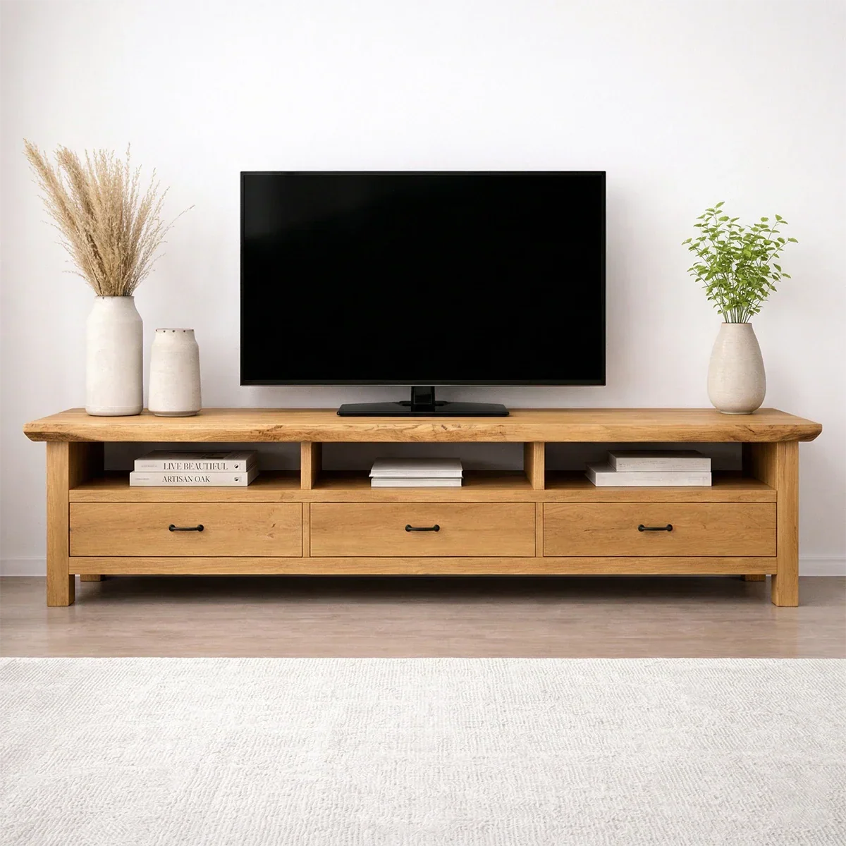Handcrafted Solid Wood TV Stand with Spacious Drawers and Open Media Storage - Rustirawood