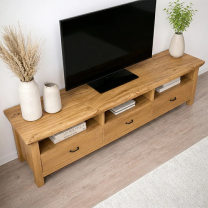 Handcrafted Solid Wood TV Stand with Spacious Drawers and Open Media Storage - Rustirawood