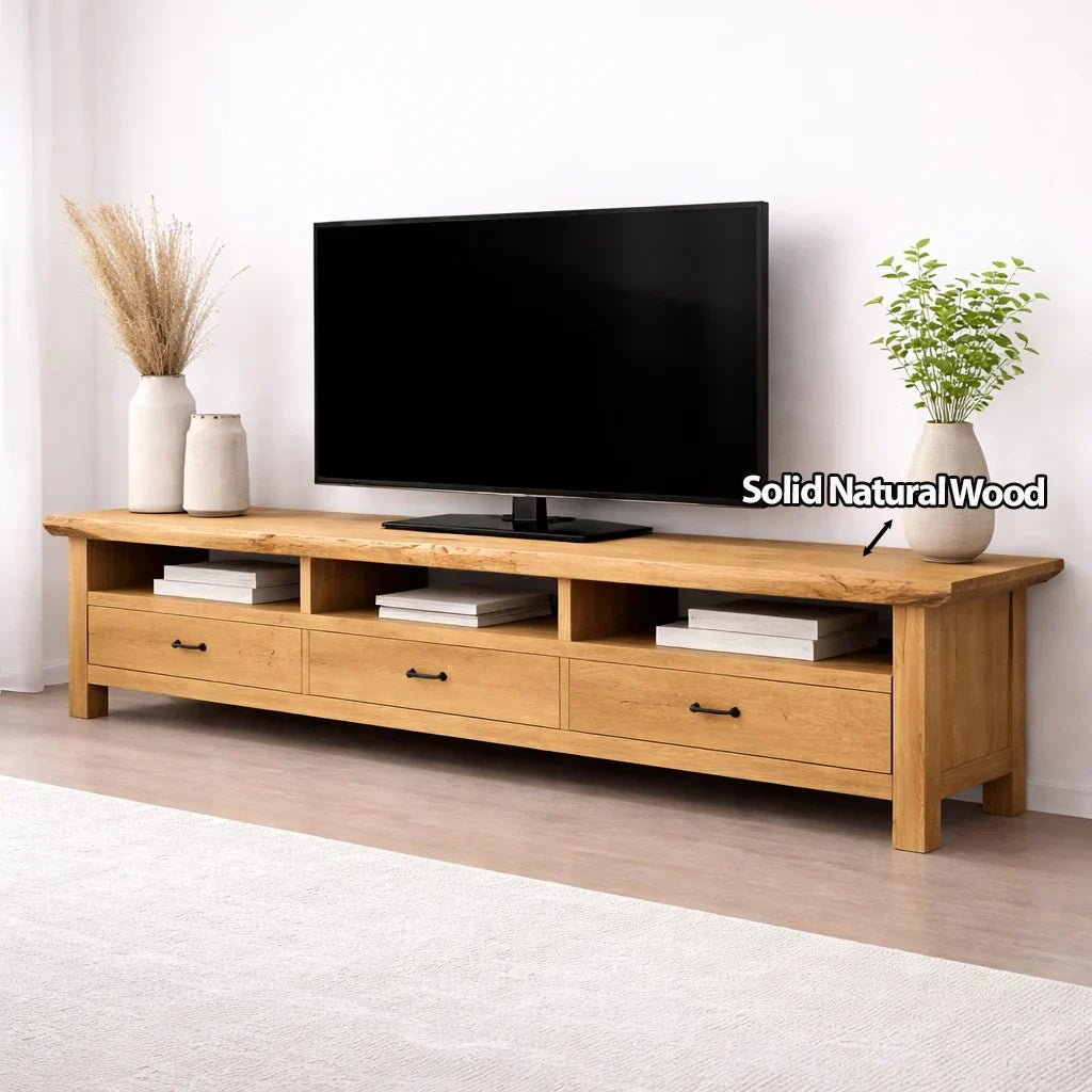 Handcrafted Solid Wood TV Stand with Spacious Drawers and Open Media Storage - Rustirawood