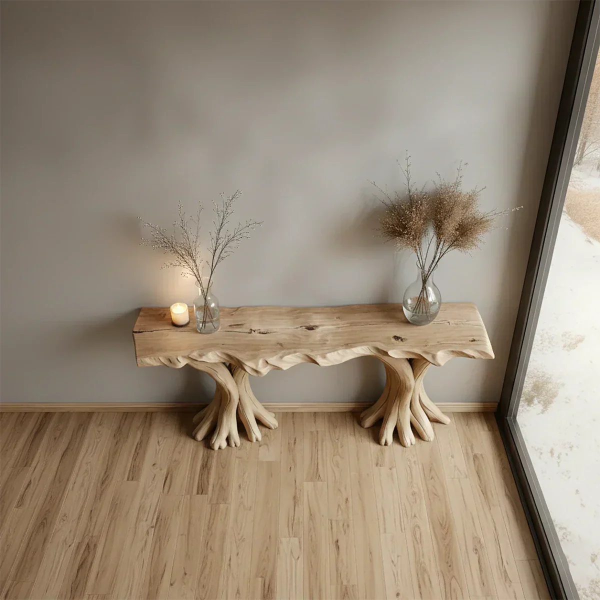 Handcrafted Solid Wood Triple-Root Sculptural Console Table - Rustirawood