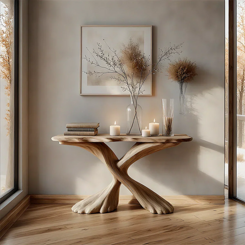 Handcrafted Solid Wood Twisted Sculptural Console – Japandi Art Form - Rustirawood