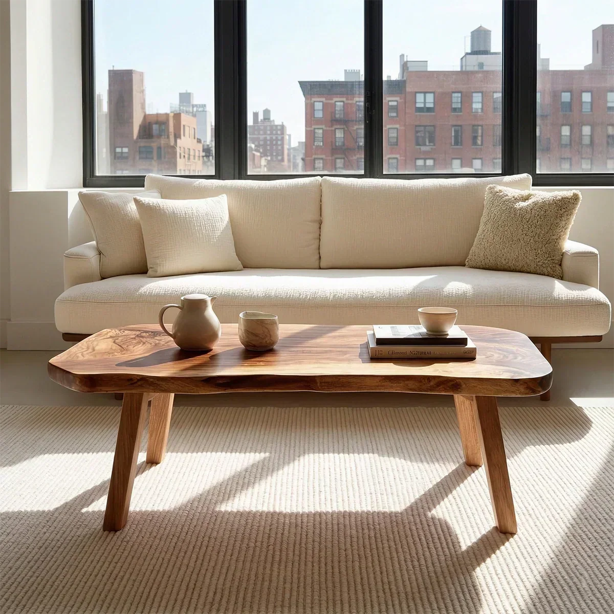 Japandi Live Edge Coffee Table with Straight Legs in Natural Solid Wood - Rustirawood