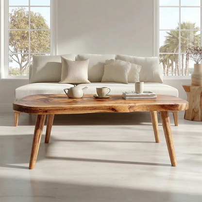 Japandi Live Edge Coffee Table with Tapered Legs in Natural Solid Wood - Rustirawood
